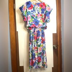 Vintage 80s Starlo Fashions Lightweight Floral Belted Midi Blouson Dress USA